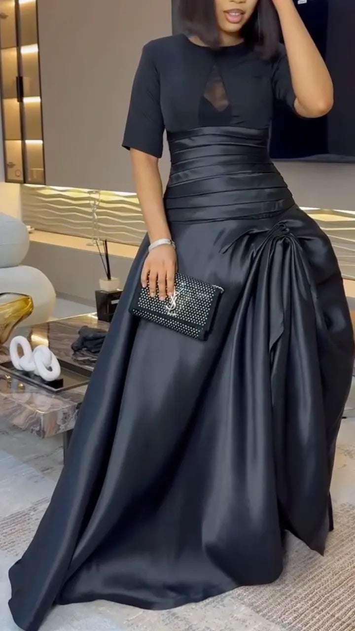 Black Satin Mix‐Fabric High Slit Maxi Gown