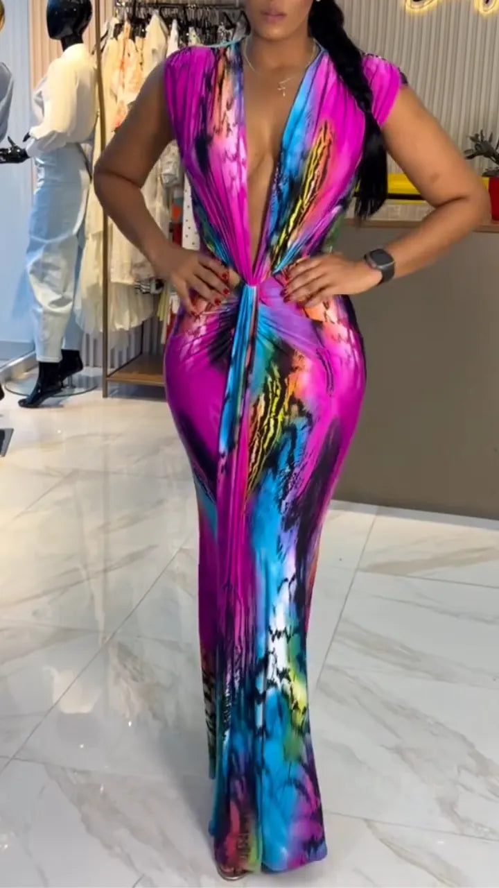 Colorful Tie‐Dye Deep V Twist Maxi Dress