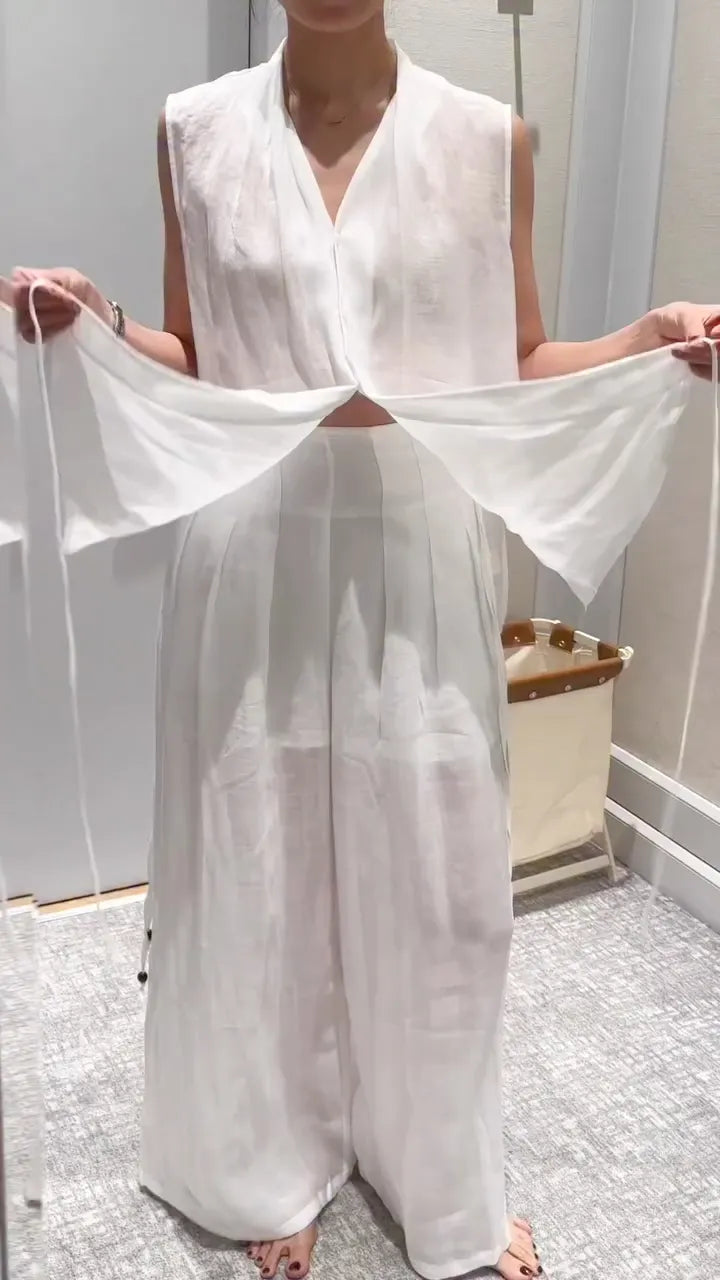 White Wrap Tie Sleeveless Linen Two‐Piece Set