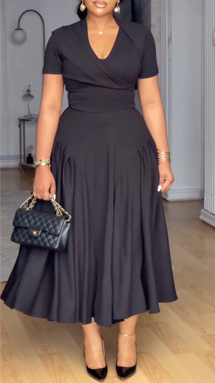 Wrap V‐Neck Midi Flare Dress