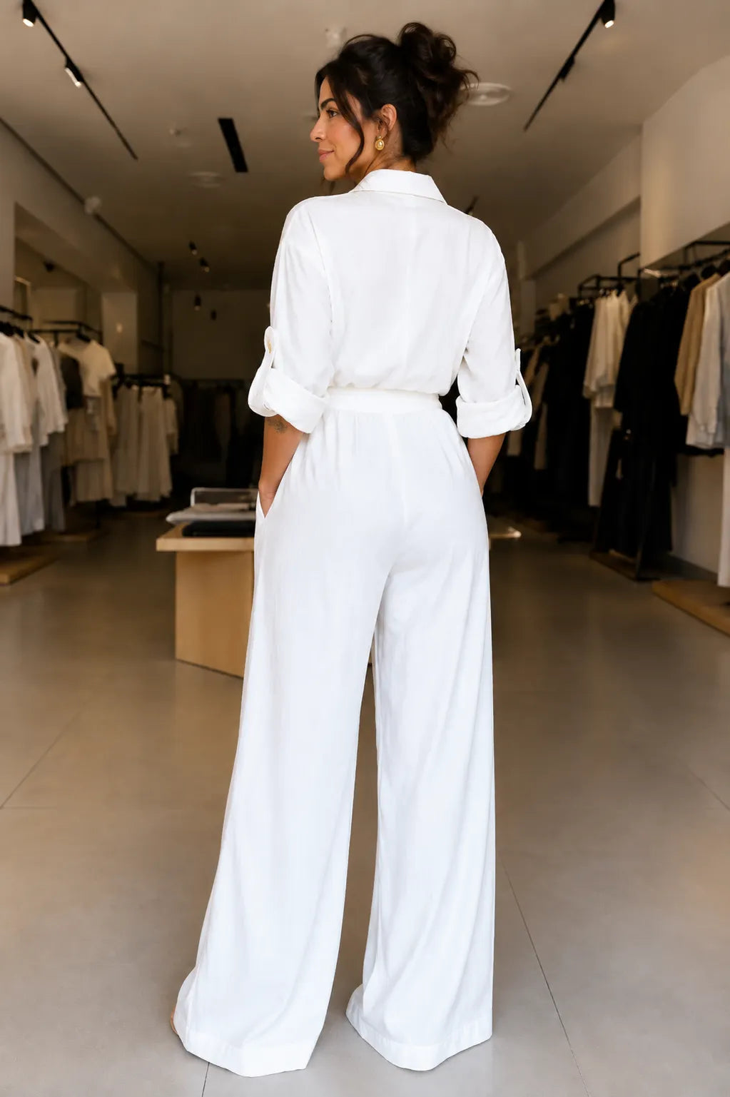White Utility Zip‐Up Jumpsuit